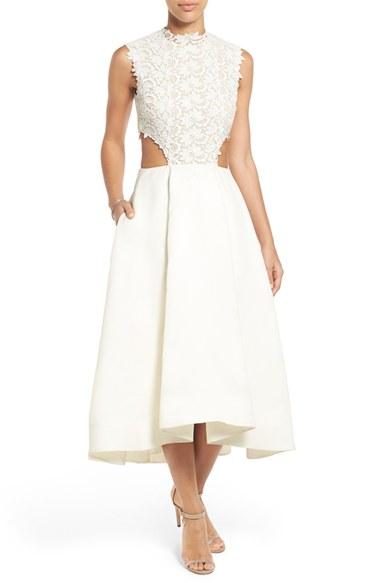 Mariage - BLISS Monique Lhuillier Guipure Lace & Silk Gazar Side Cutout Tea Length Dress 