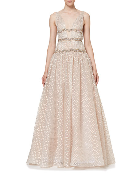 زفاف - Sleeveless V-Neck Crystal-Waist Gown, Rose Gold