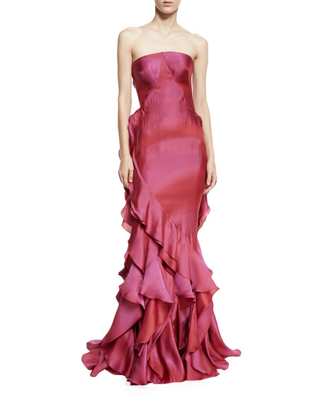 Mariage - Strapless Ruffled Mermaid Gown, Raspberry