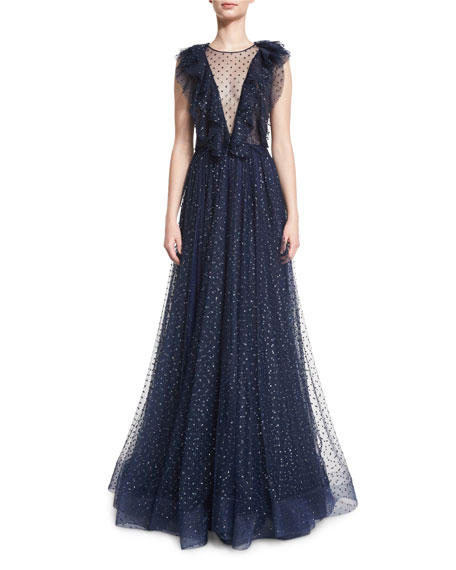 Mariage - Sleeveless Illusion V-Neck Ruffled Gown, Abyss Blue