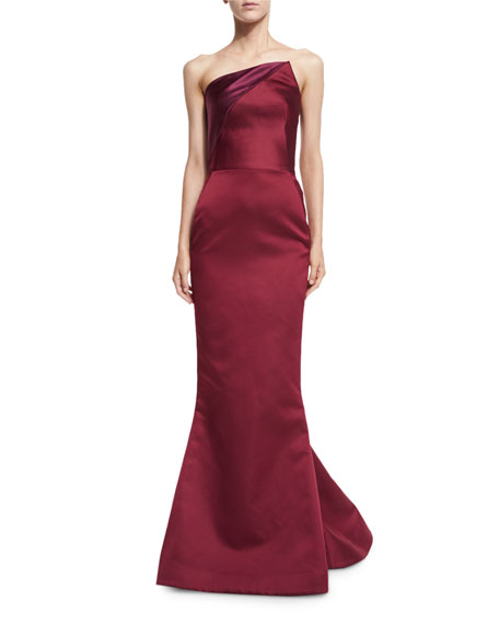 Mariage - Strapless Angled Satin Trumpet Gown, Burgundy
