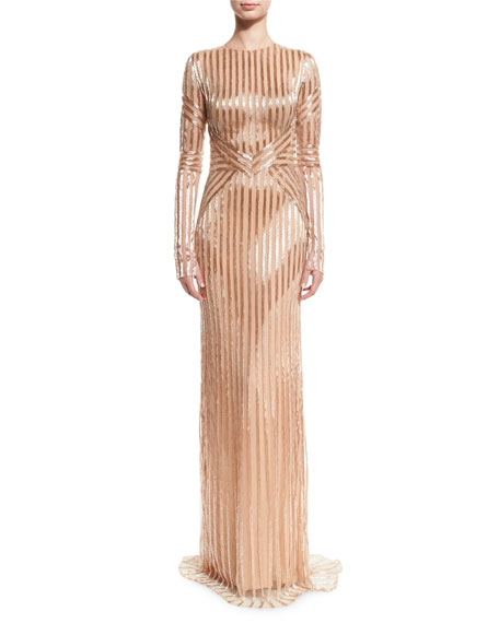 Mariage - Beaded-Stripe Long-Sleeve Gown, Rose Gold