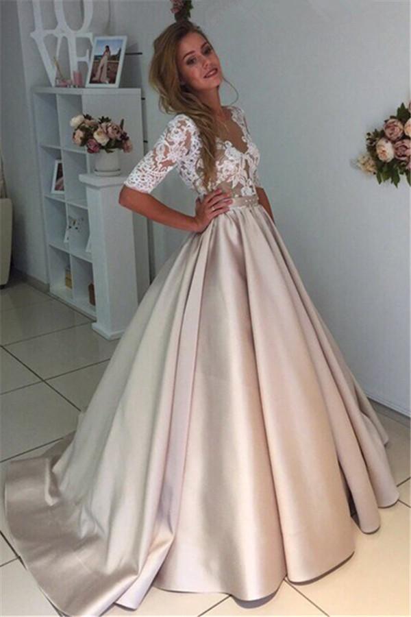 Wedding - Half-Sleeves A-Line Elegant Puff Illusion Appliques Lace Wedding Dress