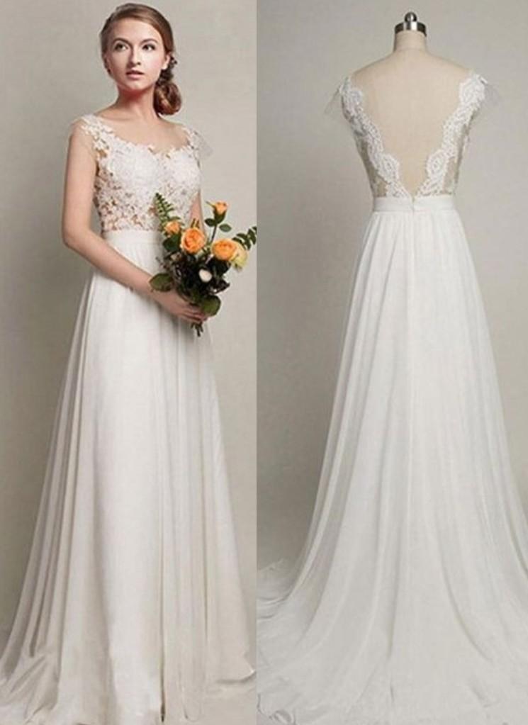 Hochzeit - Sweep-Train Simple Lace A-line Straps Backless Wedding Dress