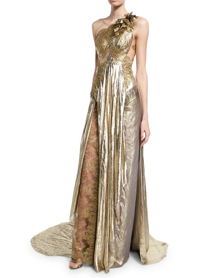 Hochzeit - One-Shoulder Grecian Gown w/ Floral Appliqu&#233;, Gold