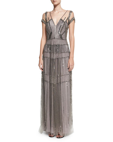 زفاف - Crystal Beaded Illusion Evening Gown, Gunmetal Gray