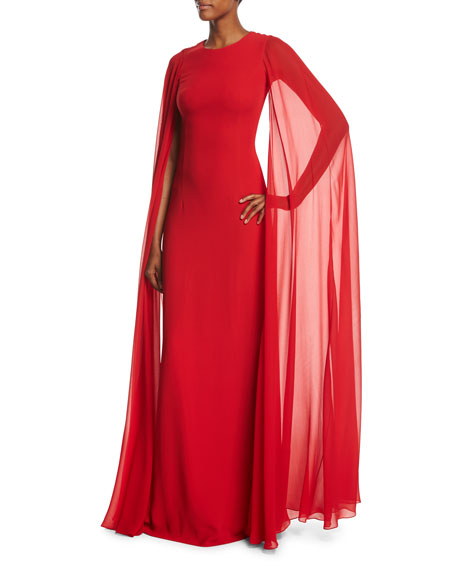 زفاف - Silk Crepe Chiffon Cape Gown, Crimson