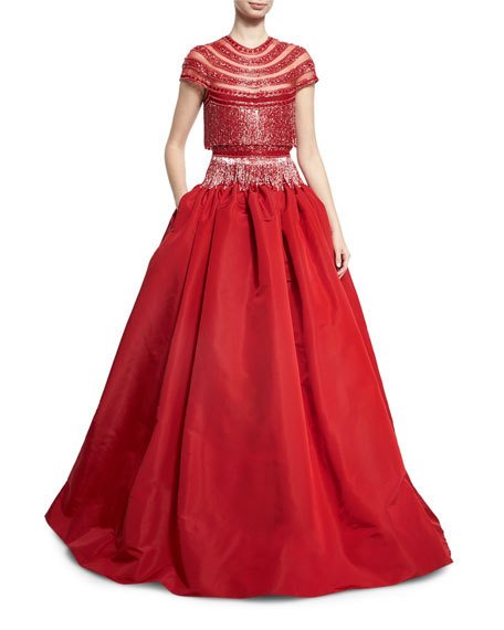 Mariage - Beaded Fringe Cap-Sleeve Ball Gown, Red