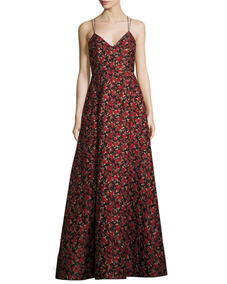Mariage - Marilla V-Neck Strappy Floral Jacquard Gown