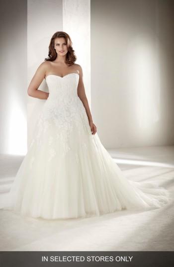 Wedding - Pronovias Alcanar Strapless Lace & Tulle Gown (In Selected Stores Only) 
