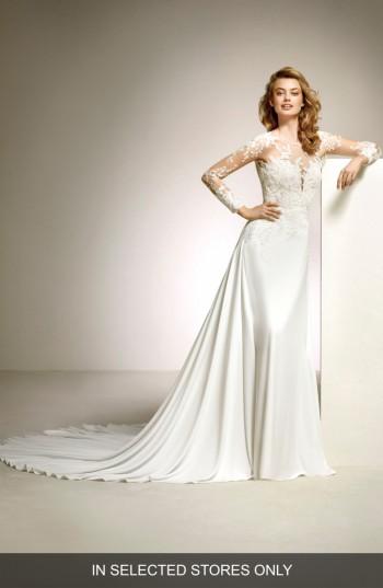 Wedding - Pronovias Dacil Lace Illusion Yoke & Sleeve A-Line Gown (In Selected Stores Only) 