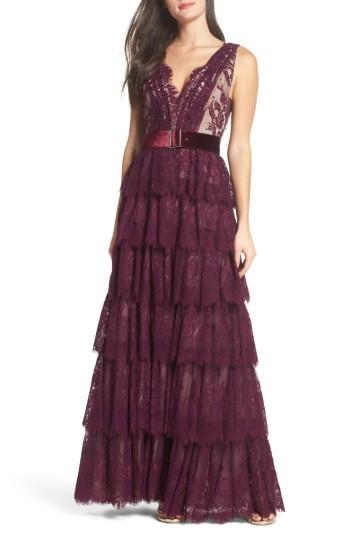 Hochzeit - Mac Duggal Belted Tiered Lace Column Gown
