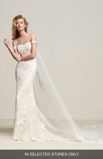 Mariage - Pronovias Dria Off the Shoulder Mermaid Gown with Detachable Train 