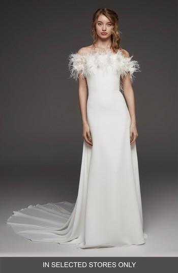 Hochzeit - Atelier Pronovias Halda Feather Off the Shoulder Crepe Gown 