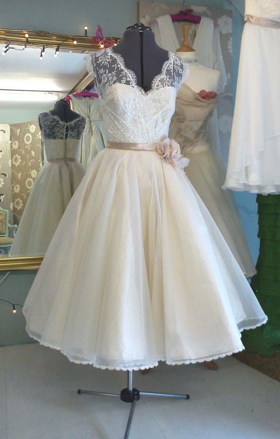 Wedding - Tea length ivory wedding dress with a stylish belt