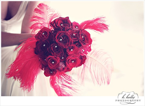 Wedding - Unique Red Rose and Feather Wedding Bouquet ♥ Romantic Bridal Bouquet 