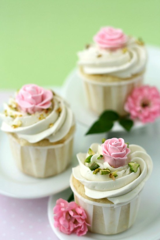 Wedding - Wedding Cupcakes with Edible Pink Sugar Roses 