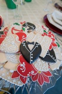 wedding photo - Christmas Wedding Sugar Cookies ♥ Gown and Tuxedo Hearts Wedding Cookies