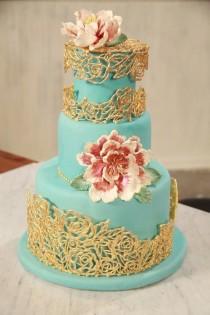 wedding photo - Turquoise and Gold Fondant Wedding Cake ♥ Best Wedding Cake Ideas 