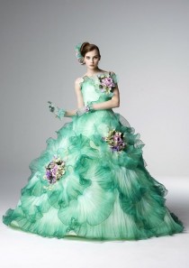 wedding photo - Frilled sea green wedding gown for the bride