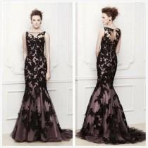 wedding photo - 2013 Long Black Applique Mermaid Evening Formal Prom Party Dresses Wedding Gown