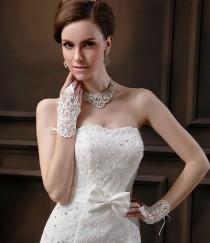 wedding photo -  White / Off White Lace Wedding Brides Satin Fingerless Rhinestone Short Gloves