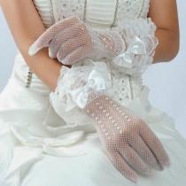 wedding photo - Ivory Lace Ladies Short Bridal Wedding Gloves Wrist Length Fingered W/ Satin Bow