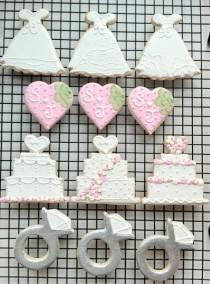 wedding photo - Decorated Wedding Themed Cookies. Cakes, Dresses, Brush Embroidery Hearts, And Engagement Rings