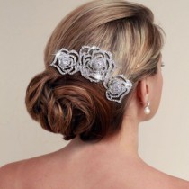 wedding photo - Bridal Tirple Flower Hair Comb Clear Rhinestone Crystal Vintage Inspired