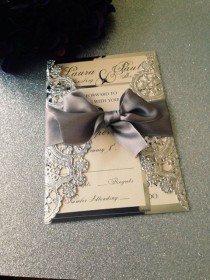wedding photo - SAMPLE - Metallic Doilies Wedding Invitation Suite With Ribbon Bow