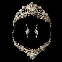 wedding photo -  Gold Crystal Freshwater Pearl Wedding Jewelry With Matching Bridal Tiara Set