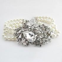 wedding photo - Stunning Antique Silver Rhinestone And Pearl Wedding Bracelet