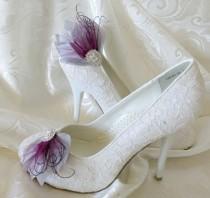 wedding photo - Feathered Feather Shoe Clip Rhinestone Silver Magenta Art Deco