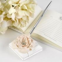 wedding photo - Love Blooms Ivory Wedding Pen With Base W/ Crystal Pearl Centered Flower