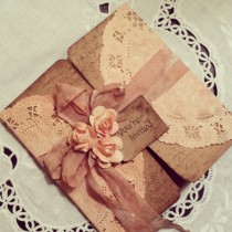 wedding photo -  Peach Doily Tri-fold Rustic Invitation, With Small Flowers And Tag, Lace Vintage - Hand Made Rustic