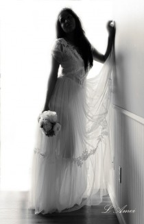 wedding photo - Stunning sheer neckline wedding dress with invisible mesh chest and sheer lace detailing, dreamy silk chiffon skirt - New