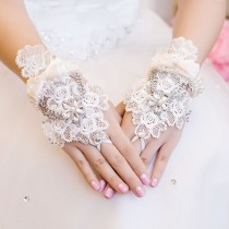 wedding photo -  Fingerless Lace Rhinestone and Pearl Bridal Glove