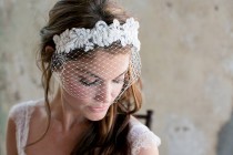 wedding photo -  Ivory Beaded Lace Headband with Birdcage Veil