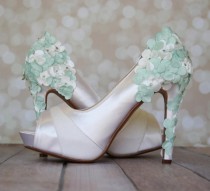 wedding photo -  Mint Green Wedding Shoes With Satin Flowers