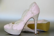 wedding photo - Wedding Shoes -- Paradise Pink Platform Wedding Shoes with Silver Lace Overlay and Silver Rhinestone Covered Heels and Platform - New