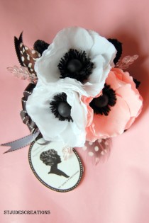 wedding photo - Black and white wedding Anemone bouquet  or corsage and boutonnierres silk or fresh flower alternative - New
