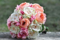 wedding photo - Wedding Bouquet, Keepsake Bouquet, Bridal Bouquet, made with Pink Hydrangea, Coral Cabbage Rose and Blush Rose silk flowers. - New