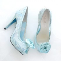 wedding photo - Something Blue Wedding Shoes Mint Floral Lace Peep Toe Bridal Pumps with Handmade Rosette Shoe Clips - New