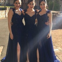 wedding photo - Navy Blue Lace Appliques Side-Slit Chiffon A-line Bridesmaid Dresses