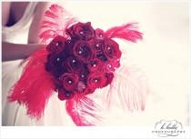 wedding photo - Unique Red Rose and Feather Wedding Bouquet ♥ Romantic Bridal Bouquet 