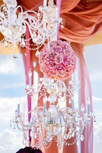 wedding photo - Wedding Party Supplies ♥ Pink Roses Kissing Ball and Crystal Chandeliers