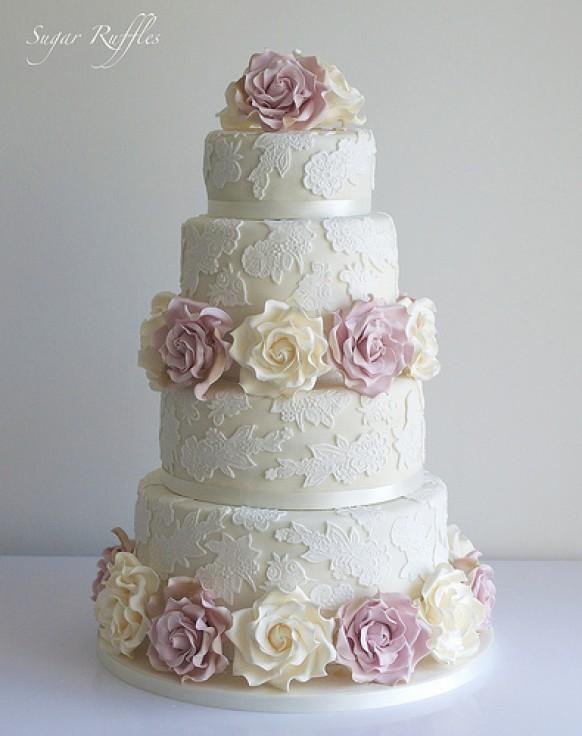 Wedding Cake With Lace & Ivory And Amnesia Roses #1987630 - Weddbook