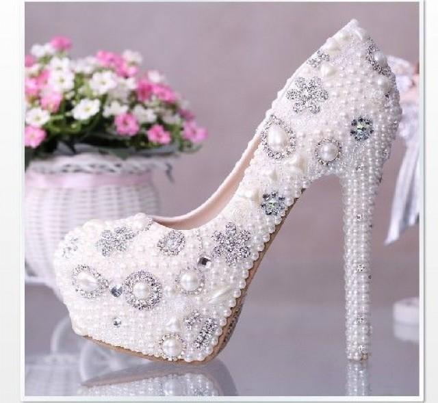 Princess Bride Shoes Diamond Crystal Pearl Wedding Shoes With High ...